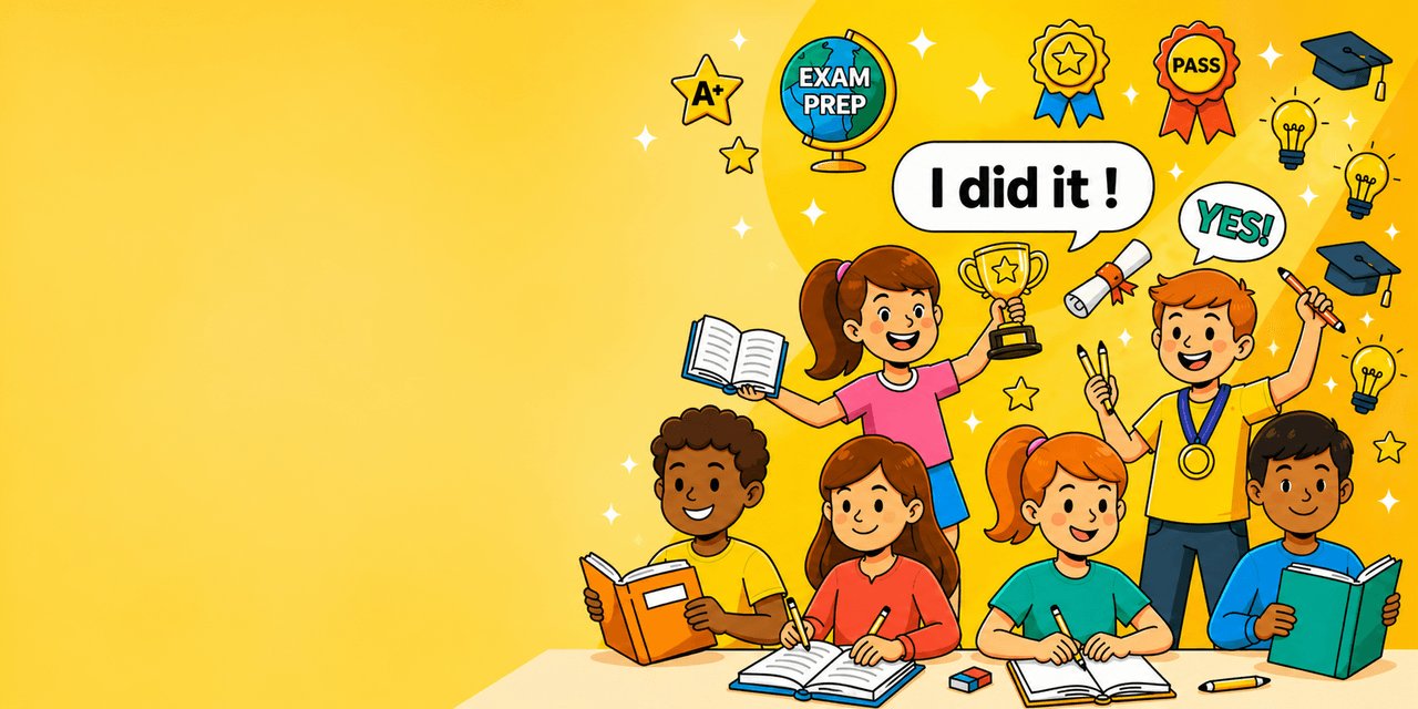Illustration of primary school students celebrating exam results